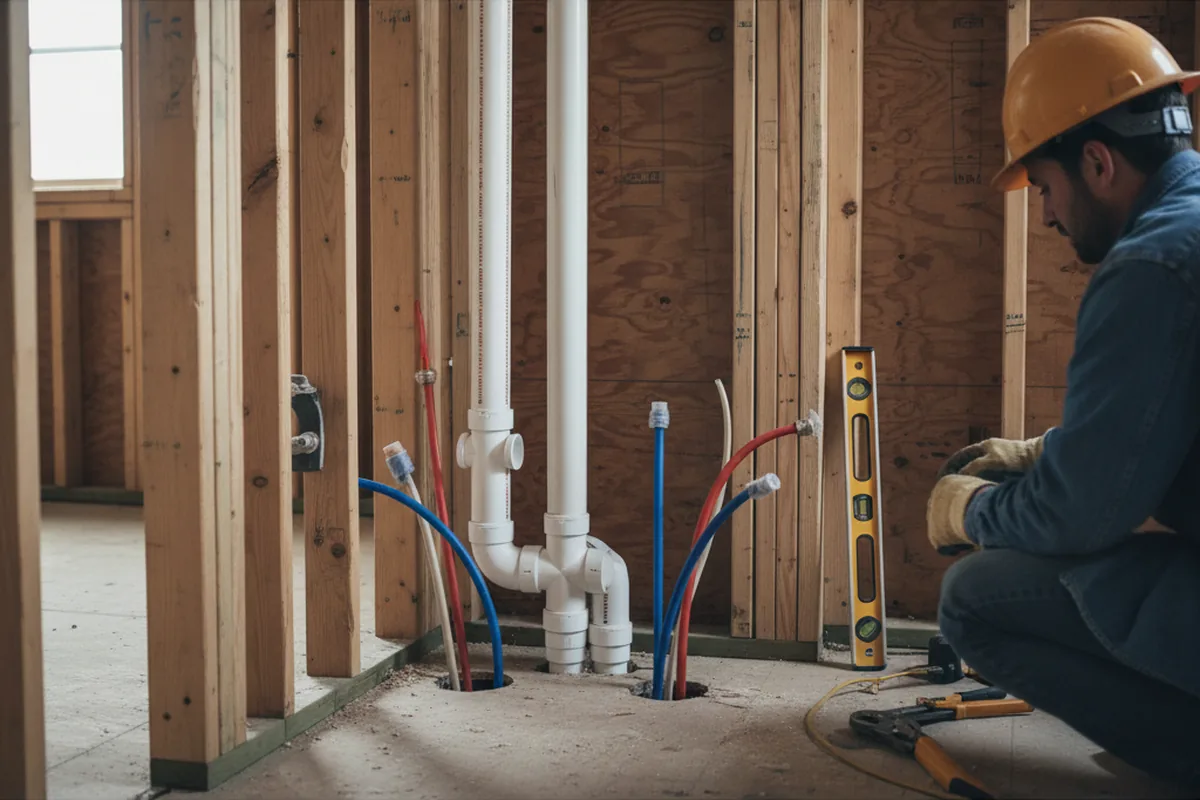 Drain and supply rough-in during Leak Detection in Milford Square