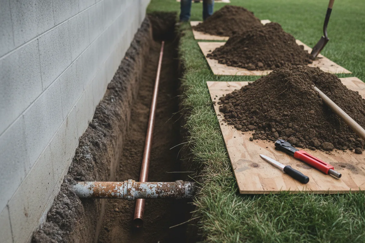 Excavated water line trench during Water Softener Installation in Milford Square